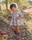 A toddler girl wearing a beige and brown plaid dress, blue socks, and brown shoes stands in a leaf-covered outdoor path holding a red apple. A basket of apples is visible in the lower left corner.