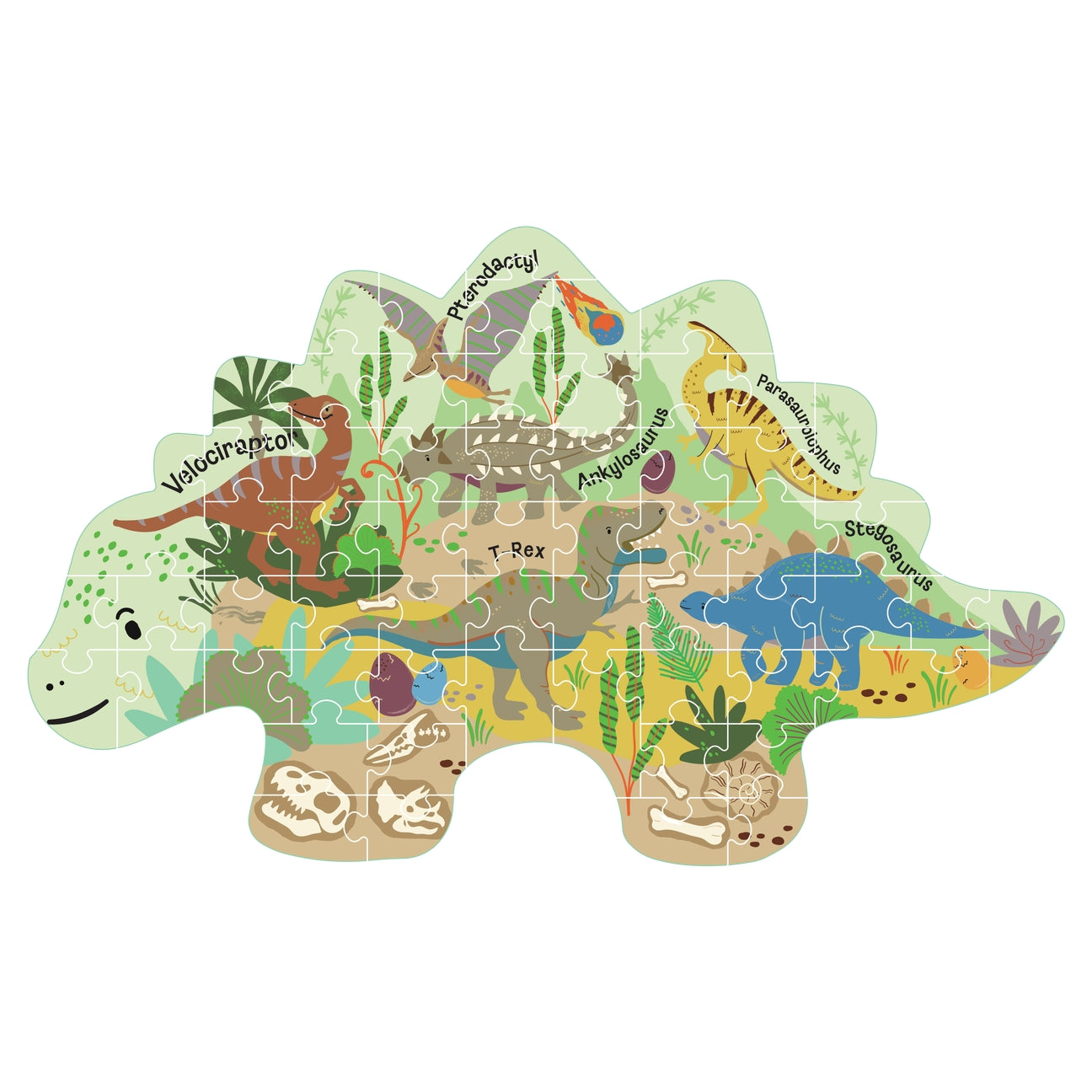 Dinosaur-shaped puzzle with various dinosaur illustrations on a white background
