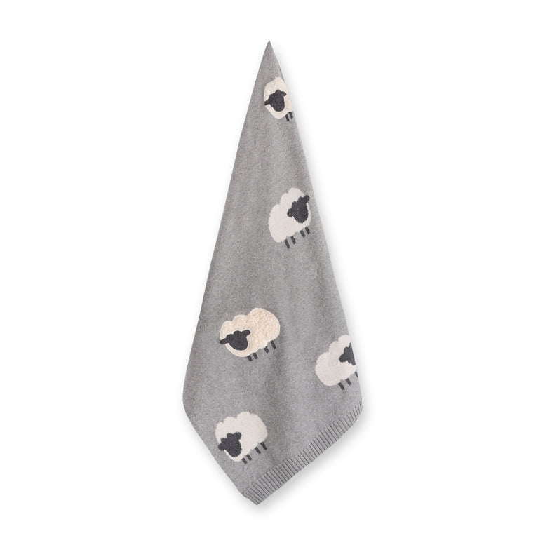 Gray knitted blanket with sheep patterns on a white background