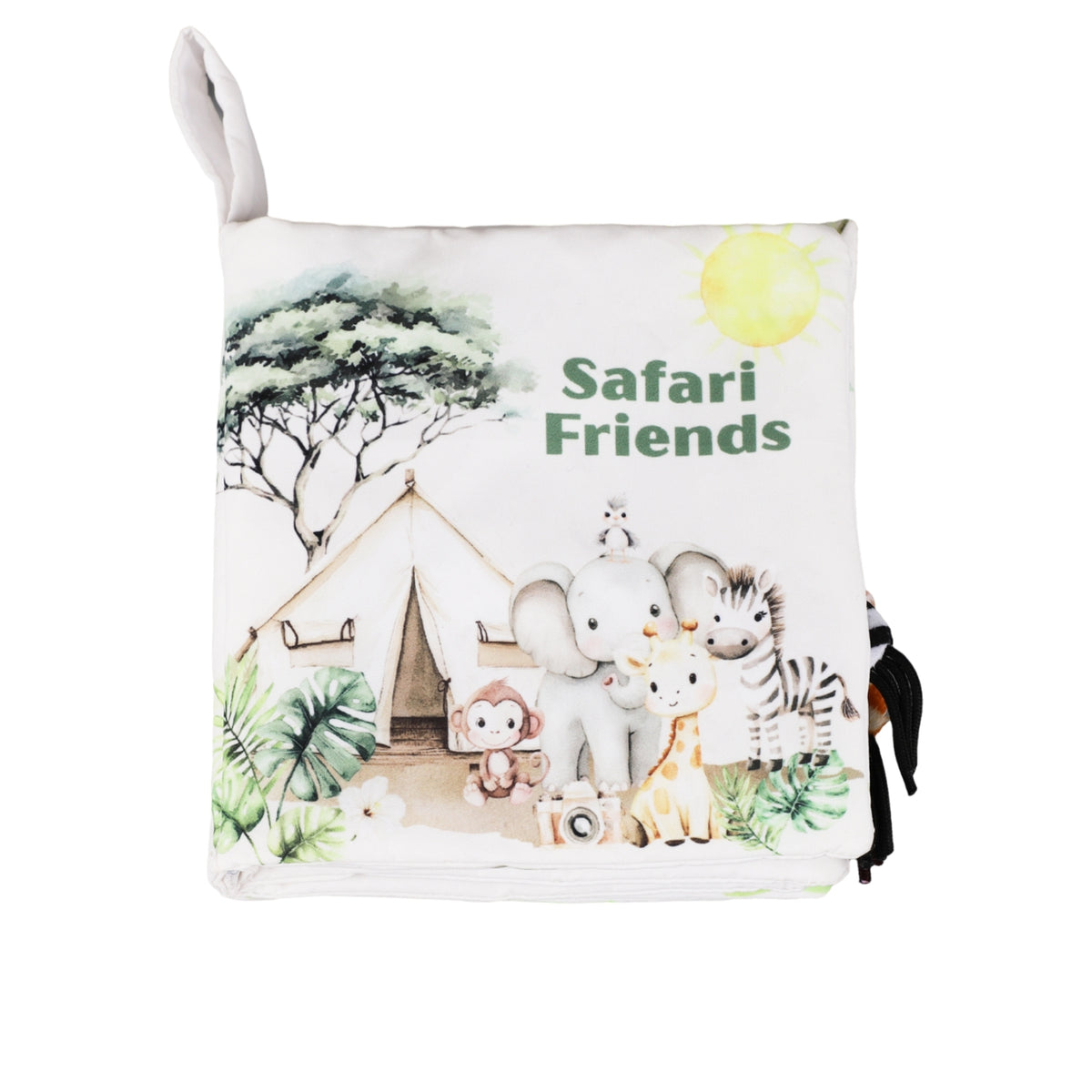 Children's book titled 'Safari Friends' with illustrations of animals and a tent on a white background.