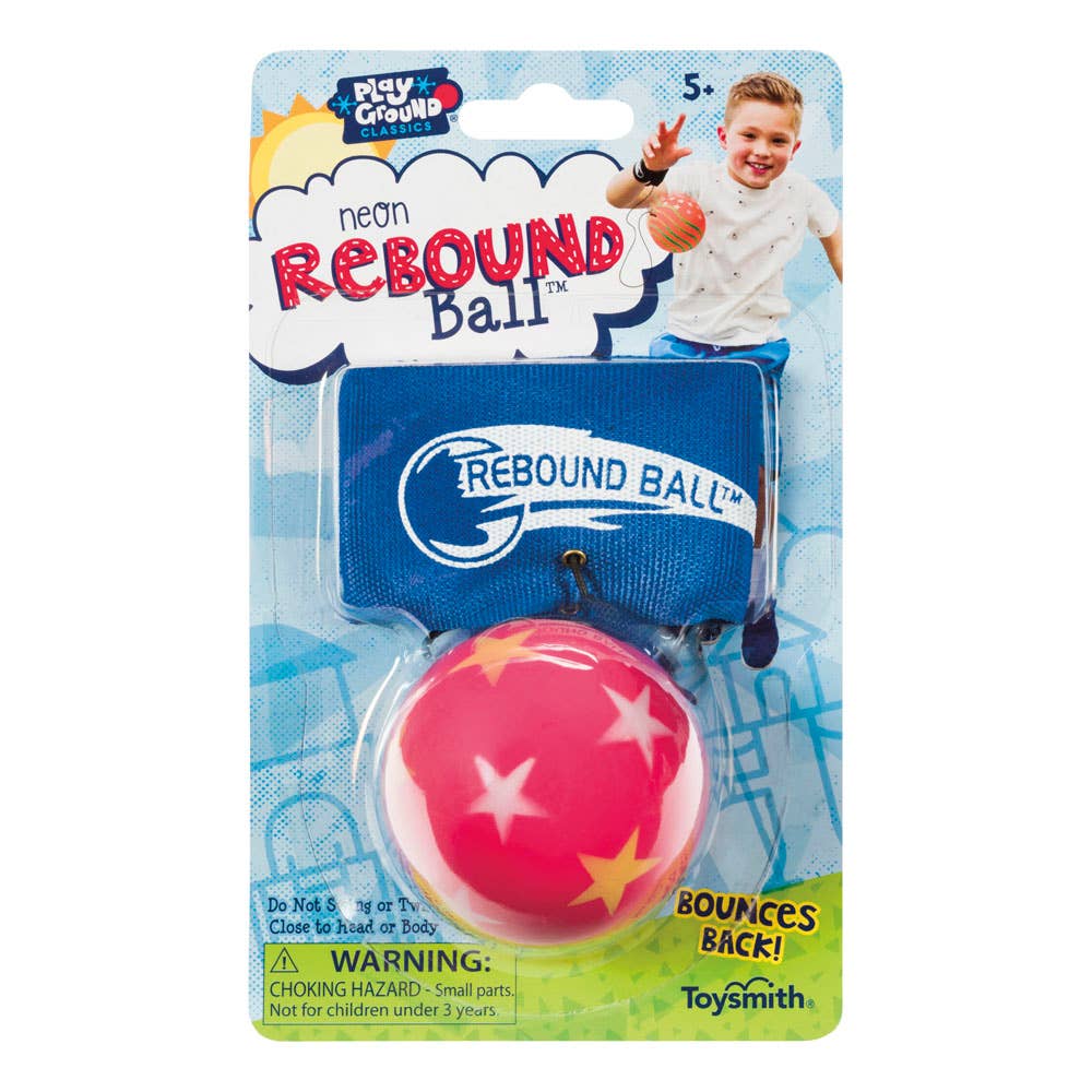 Neon Rebound Ball packaging with a child holding a ball on a white background