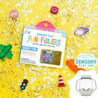 Sensory play product with colorful confetti on a yellow background