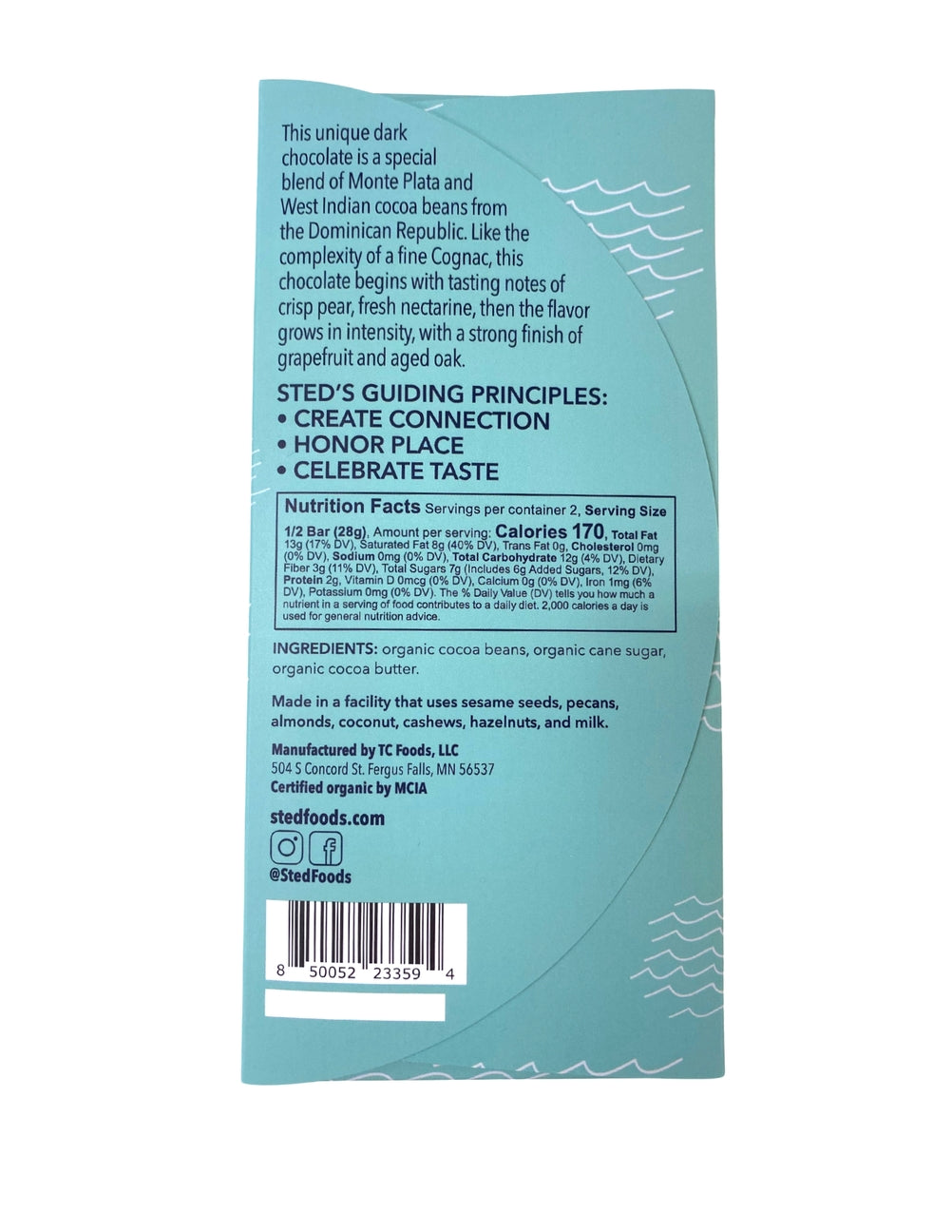 Back of a chocolate packaging with text and a barcode on a light blue background