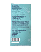 Back of a chocolate packaging with text and a barcode on a light blue background