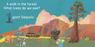 A colorful illustration from the book A Walk In The Forest showing a landscape with mountains, a camper van, a tent, and a giant sequoia tree, accompanied by the text: "A walk in the forest. What trees do we see? 1 giant Sequoia."