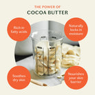 Cocoa butter in a measuring cup with text highlighting its benefits on a light background