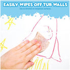 Hand using a sponge to clean tub walls with colorful drawings, text indicating product use.