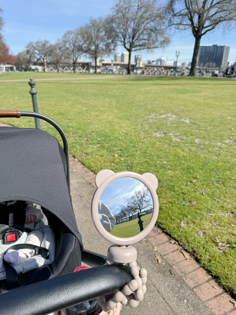 Baby car seat with a mirror attached, showing a park view.