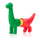 Two toy dinosaurs, one green and one red, on a white background