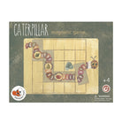 Caterpillar magnetic game packaging with wooden board and caterpillar pieces on a green background.