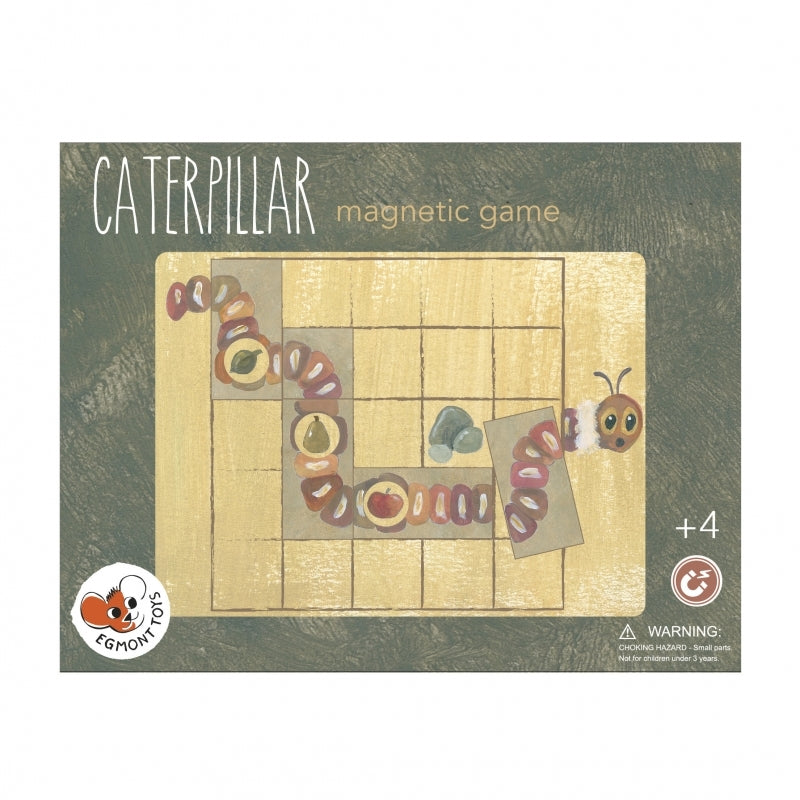 Caterpillar magnetic game packaging with wooden board and caterpillar pieces on a green background.