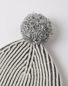 Close-up of a knit beanie with vertical black and off-white stripes and a fluffy gray pom-pom on top, photographed against a light gray background.