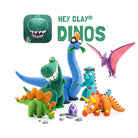 Colorful dinosaur toys with 'Hey Clay Dinos' branding on a white background
