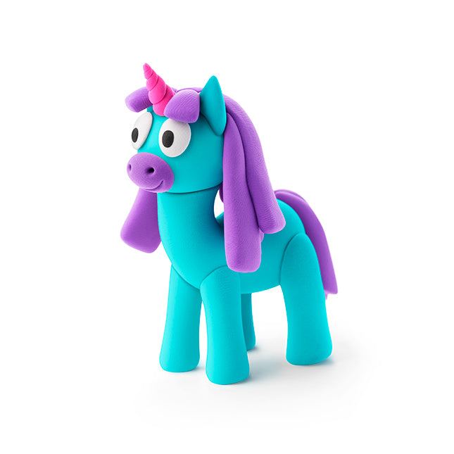 Toy unicorn with a blue body, purple hair, and pink horn on a white background