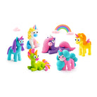 Colorful unicorn figurines on a white background