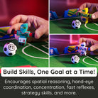 Collage of toy figures and soccer balls on a miniature field with promotional text.