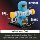 Foosbot toy with labeled ball, stand, and branding on a dark background