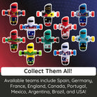 Collection of toy figures in various national team colors with text 'Collect Them All!' and list of available teams.