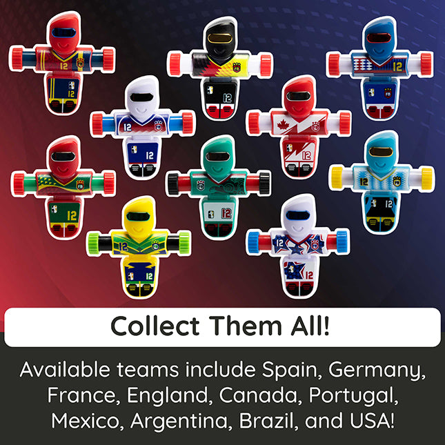 Collection of toy figures in various national team colors with text 'Collect Them All!' and list of available teams.