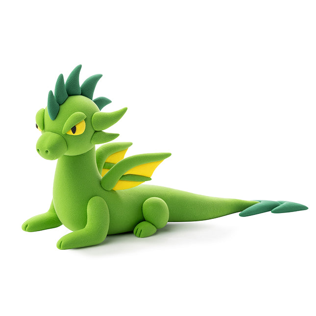 Green dragon toy with dark green accents  on a white background