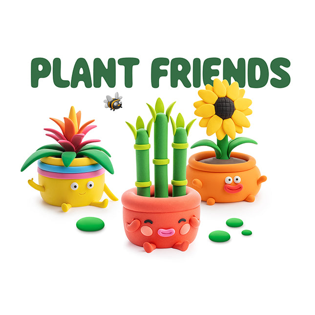 Colorful toy plant figures with smiling faces on a white background, labeled 'Plant Friends'.