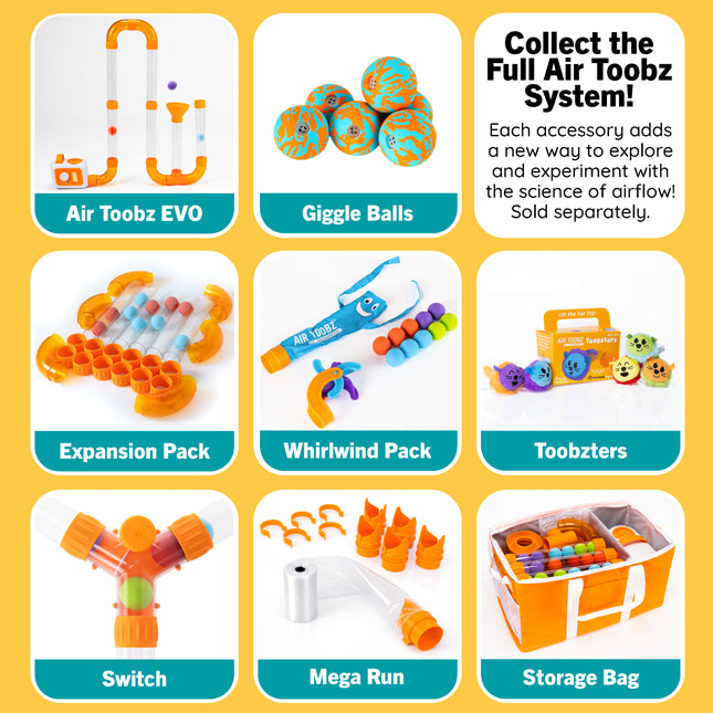 A promotional collage showing multiple air-tooz toy accessories arranged in a grid on a yellow background, with text labels including Air Tooz EVO, Giggle Balls, Expansion Pack, Whirlwind Pack, Toobzters, Switch, Mega Run, and Storage Bag. A headline at the top says, 'Collect the Full Air Toozb System!' and notes that each accessory adds a new way to explore and experiment with the science of airflow.