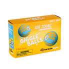 A yellow and blue box of Fat Brain Togy Co. Air Tooz 'Giggle' Balls, a 6-pack of non-toxic party play balls, shown on a clean white background.
