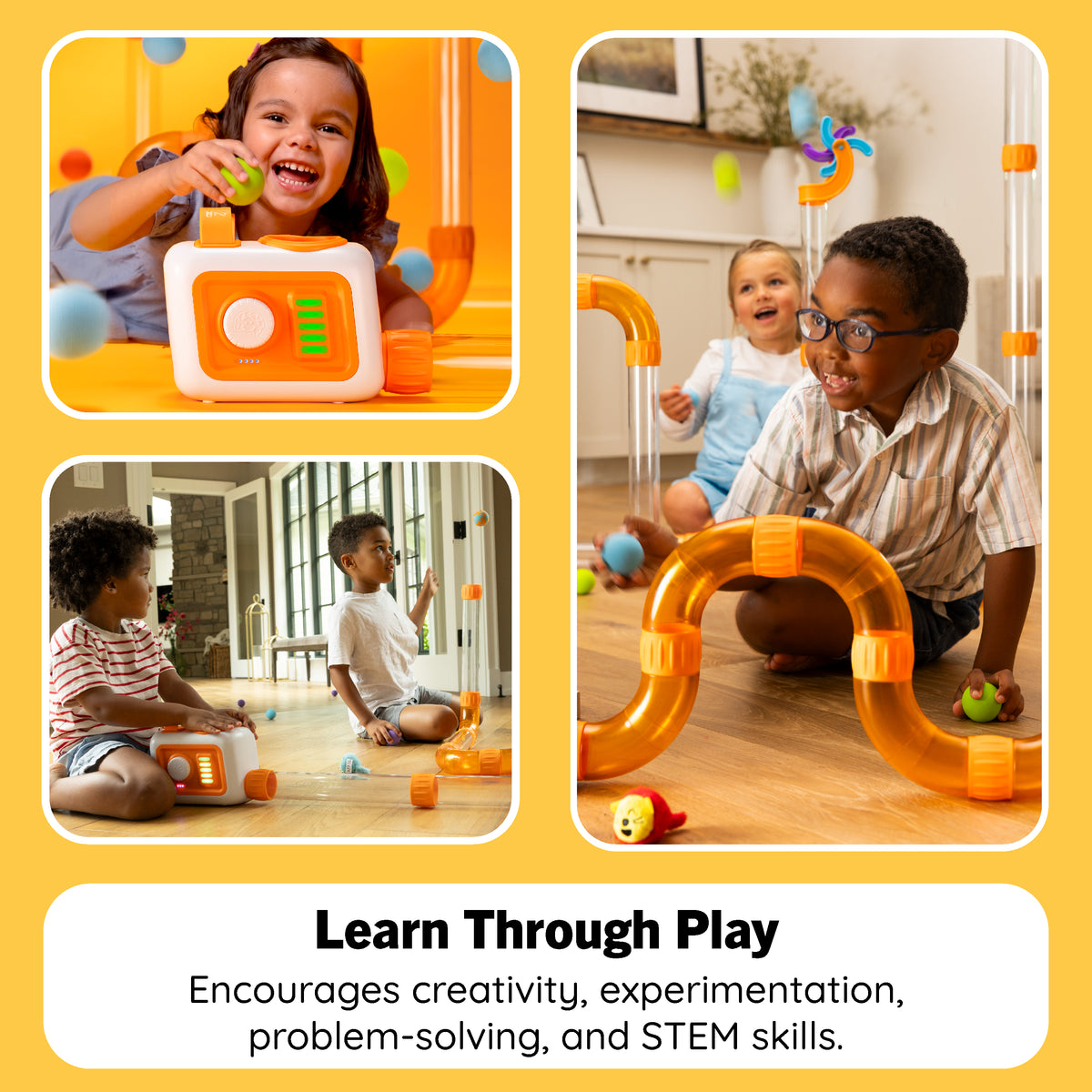 A collage of children playing with an orange and white magnetic marble-run style toy set in indoor play scenes, with text at the bottom reading 'Learn Through Play' and 'Encourages creativity, experimentation, problem-solving, and STEM skills.' Because people and a real indoor environment are present, this is Lifestyle rather than Product/Packaging.