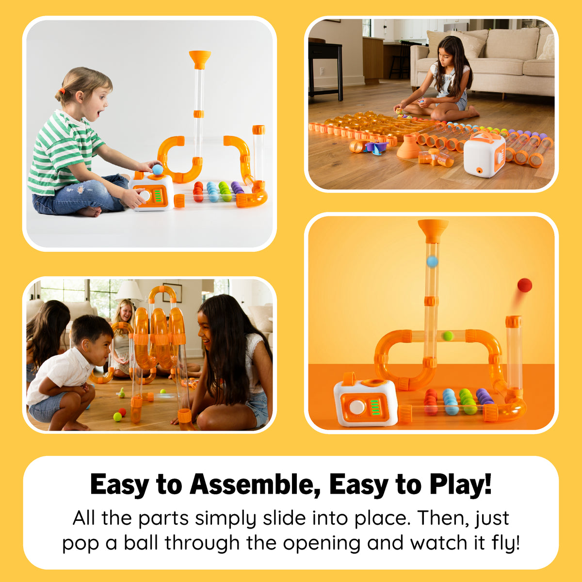 A collage showing children playing with an orange and clear plastic magnetic bead train track toy in a home setting, with one close-up of the assembled toy and text reading 'Easy to Assemble, Easy to Play!'.