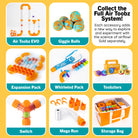 A promotional collage for the Air Toobz toy system on a yellow background, showing multiple product components in labeled tiles: Air Toobz EVO, Giggle Balls, Expansion Pack, Whirlwind Pack, Toobzters, Switch, Mega Run, and Storage Bag, plus a headline about collecting the full Air Toobz System.
