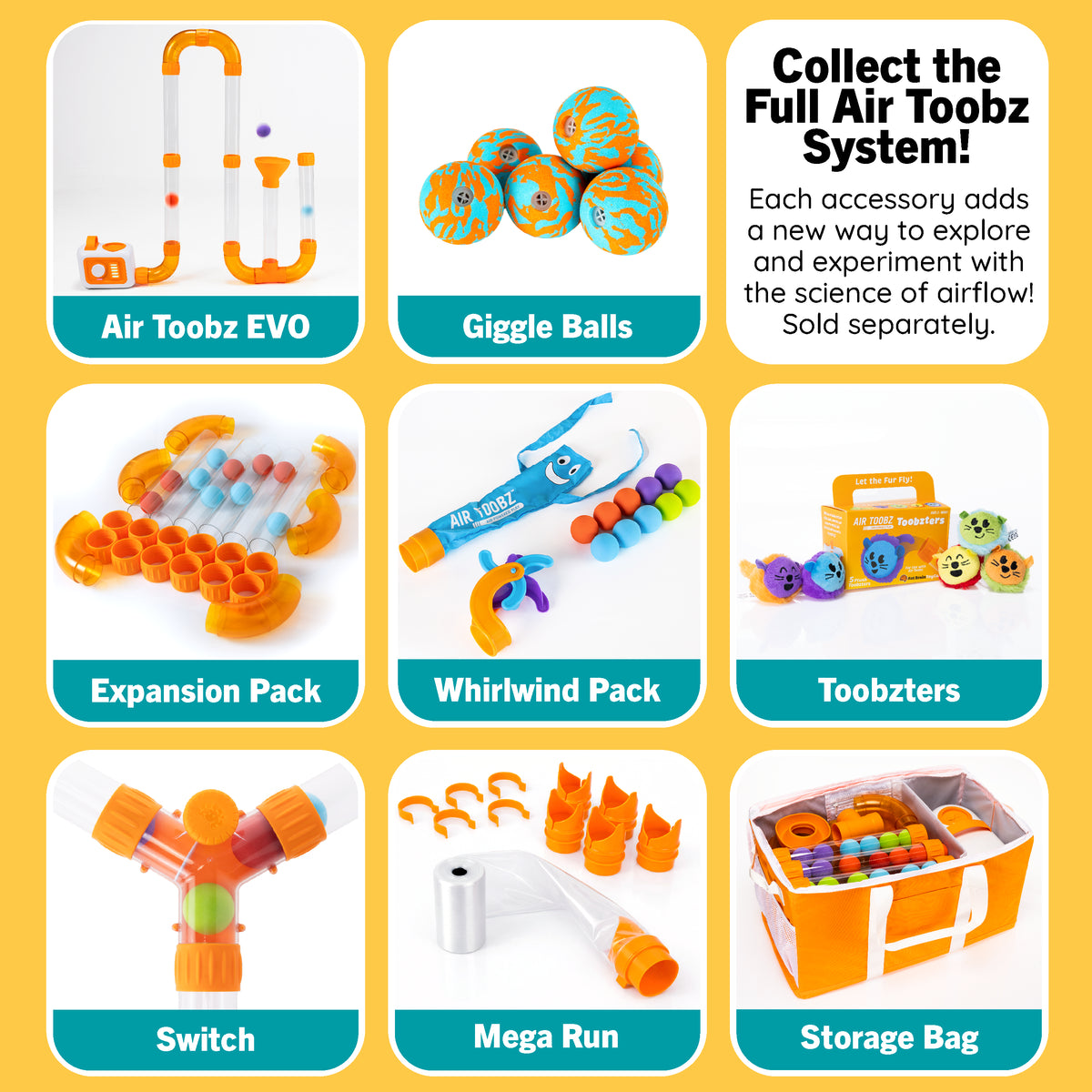 A promotional collage for the Air Toobz toy system on a yellow background, showing multiple product components in labeled tiles: Air Toobz EVO, Giggle Balls, Expansion Pack, Whirlwind Pack, Toobzters, Switch, Mega Run, and Storage Bag, plus a headline about collecting the full Air Toobz System.
