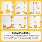 A collage of six product photos showing an orange and clear plastic marble run toy set in different configurations on a white background, with a yellow border and the text 'Endless Possibilities' and a descriptive caption below.