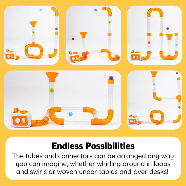 A collage of six product photos showing an orange and clear plastic marble run toy set in different configurations on a white background, with a yellow border and the text 'Endless Possibilities' and a descriptive caption below.