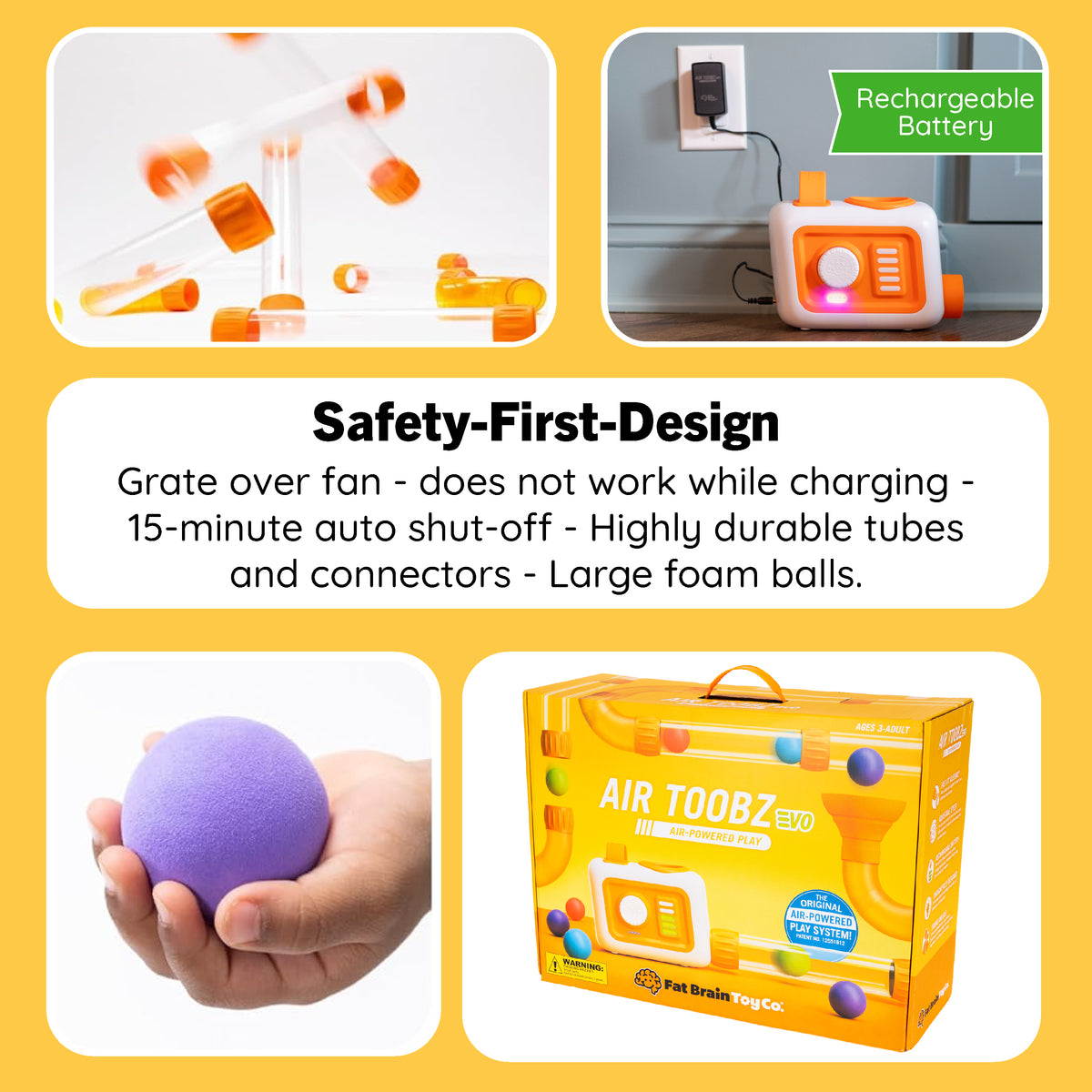 Promotional collage for the Pet Brain Toy Co. Air Tooz B70 Air Play Ball set, showing the clear acrylic tube toy with orange balls, a hand holding a purple foam ball, the product box, and a rechargeable orange-and-white controller on a yellow background with feature callouts.