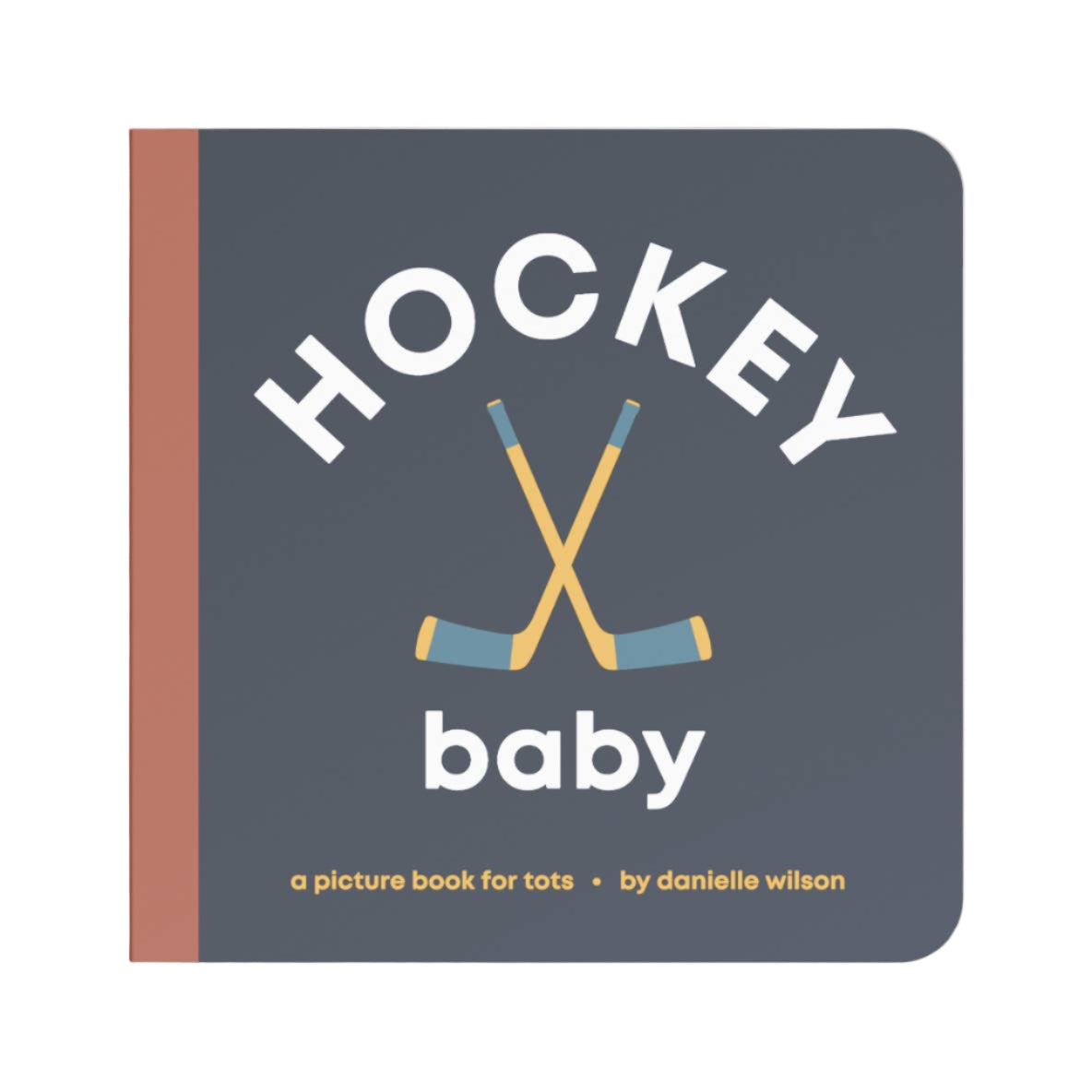 Book titled 'Hockey Baby' with hockey sticks on a dark blue background