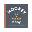 Book titled 'Hockey Baby' with hockey sticks on a dark blue background