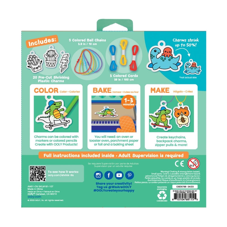 Product packaging with colorful charms and baking instructions on a green background