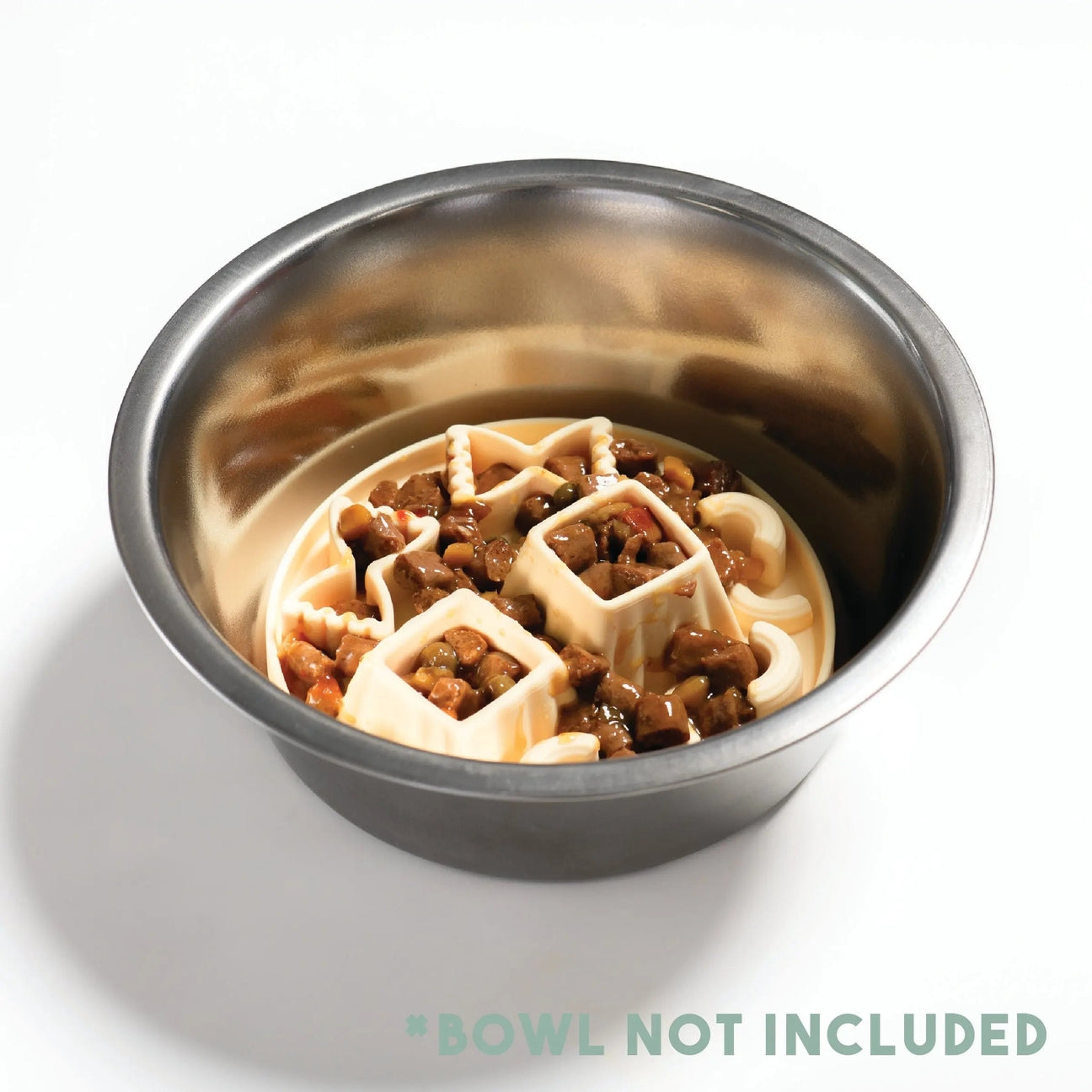 Stuffed pastry parcels in a metal bowl on a white background with 'Bowl Not Included' text.