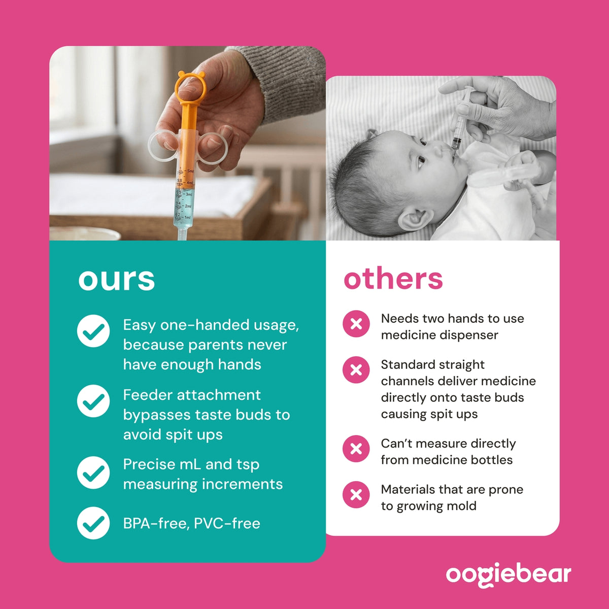 Comparison chart between 'ours' and 'others' baby feeding products on a pink background with oogiebear branding.