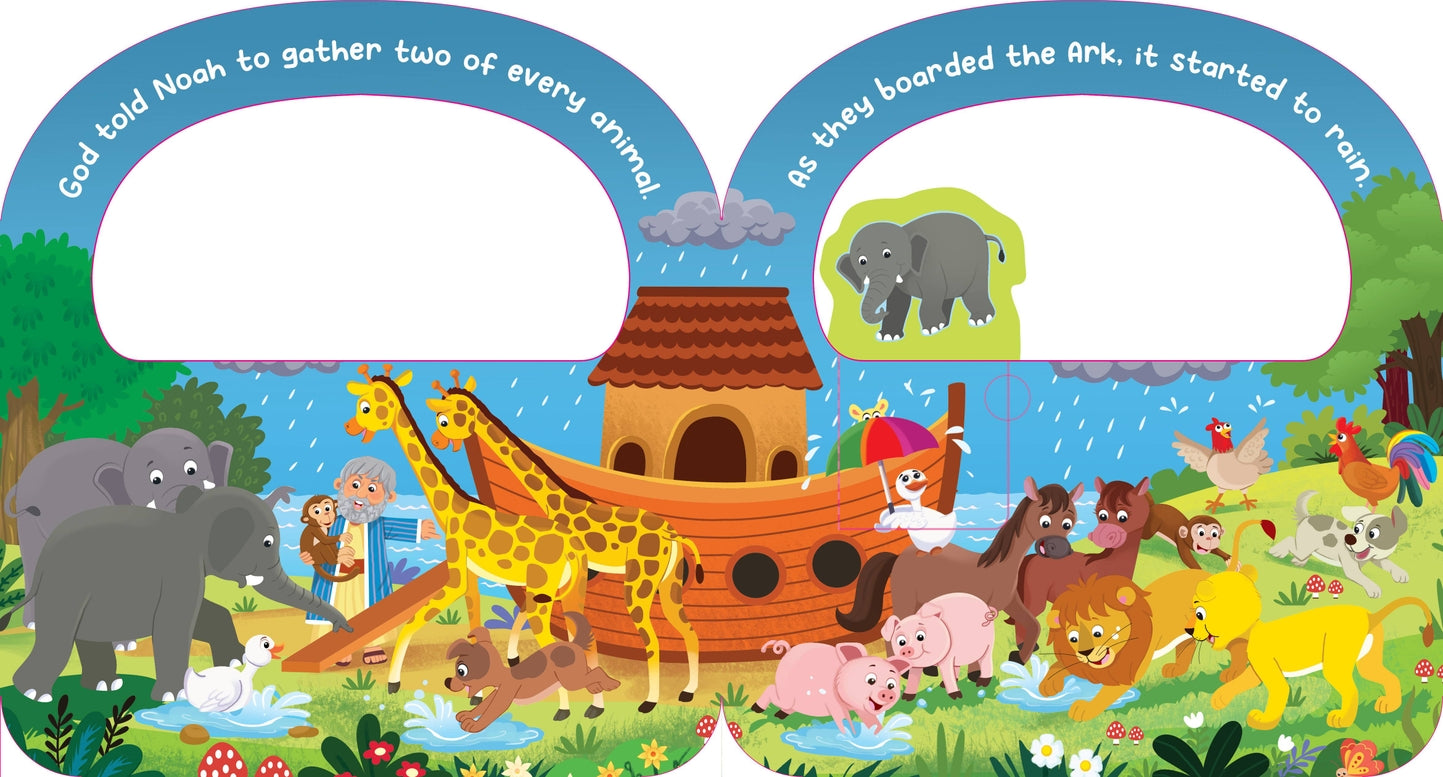 Illustration of Noah's Ark with animals and rain, from a children's book.