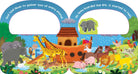 Illustration of Noah's Ark with animals and rain, from a children's book.