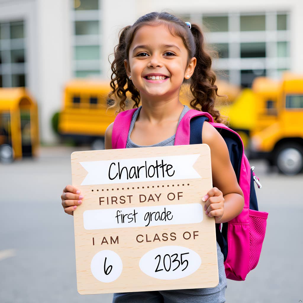 Young girl holding a sign for her first day of first grade with school buses in the background.