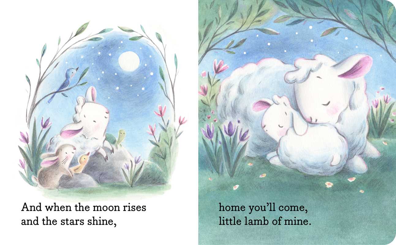 Illustrated children's book page with two white lambs and a rabbit under a starry sky.