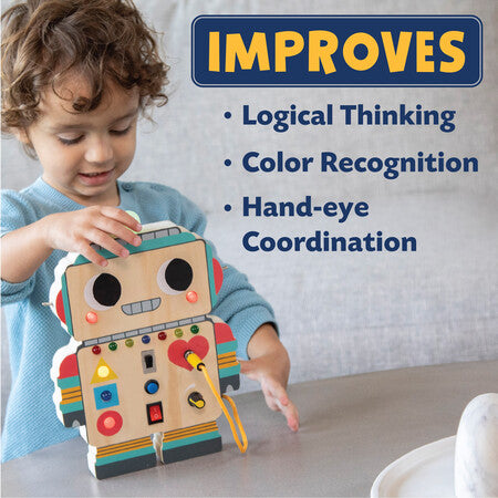 Child playing with a colorful robot toy, with text indicating improvements in logical thinking, color recognition, and hand-eye coordination.