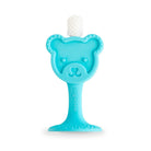 Blue bear-shaped teething toy with a white rope on a white background