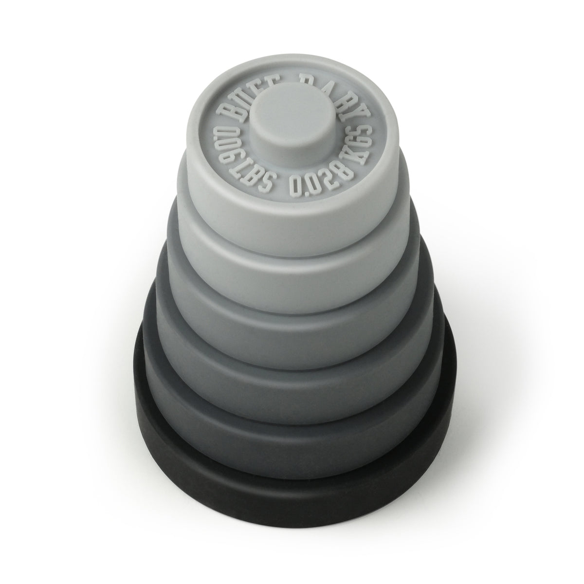 A stack of five collapsible silicone water bottles in black, dark gray, medium gray, and light gray, with the top bottle showing embossed text reading 'BUNN ART CO 020 5QT'.