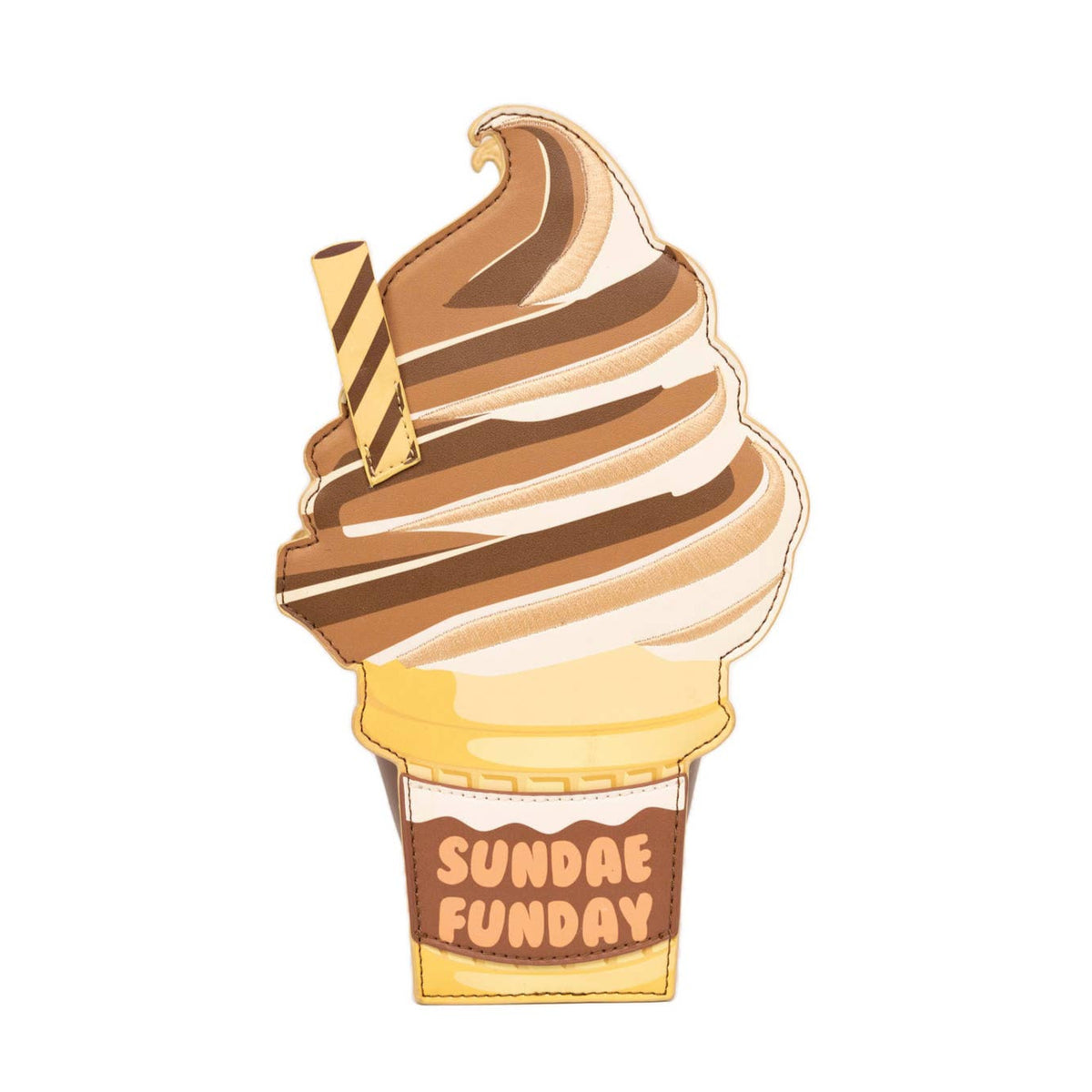 Pin shaped like a sundae with 'Sundae Funday' text on a white background