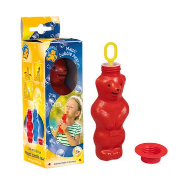 Red bear-shaped bubble blower with packaging on a white background