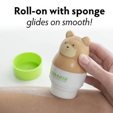Roll-on with sponge applicator being used on skin, with text indicating it glides smoothly.