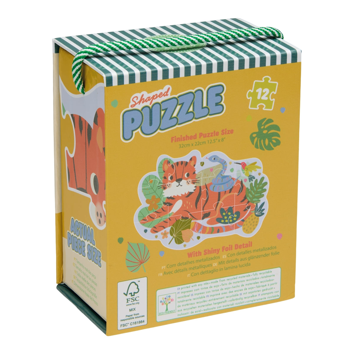 A toy puzzle set in a yellow cardboard box with a green-and-white striped top and handle. The front shows colorful animal illustrations, including a tiger, with the word 'PUZZLE' in large blue letters and a '12' piece icon.